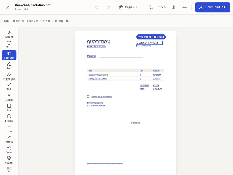 ORDODAY's Edit PDF screen: the quotation number INV-0042 being changed to INV-0043 in the file