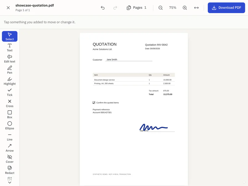 ORDODAY's Edit PDF screen: a sample form with a name added, a box ticked and a signature placed