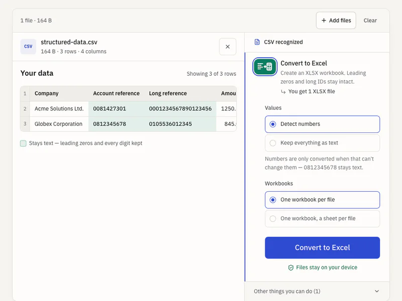 CSV to Excel: identifiers and long references preserved as text