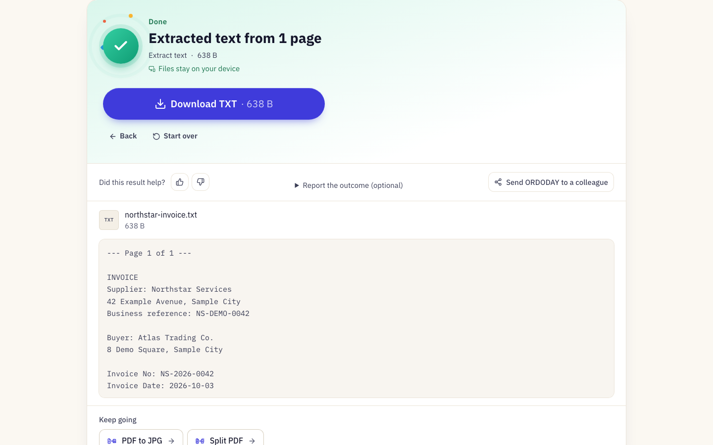 PDF to Text with a supported English document