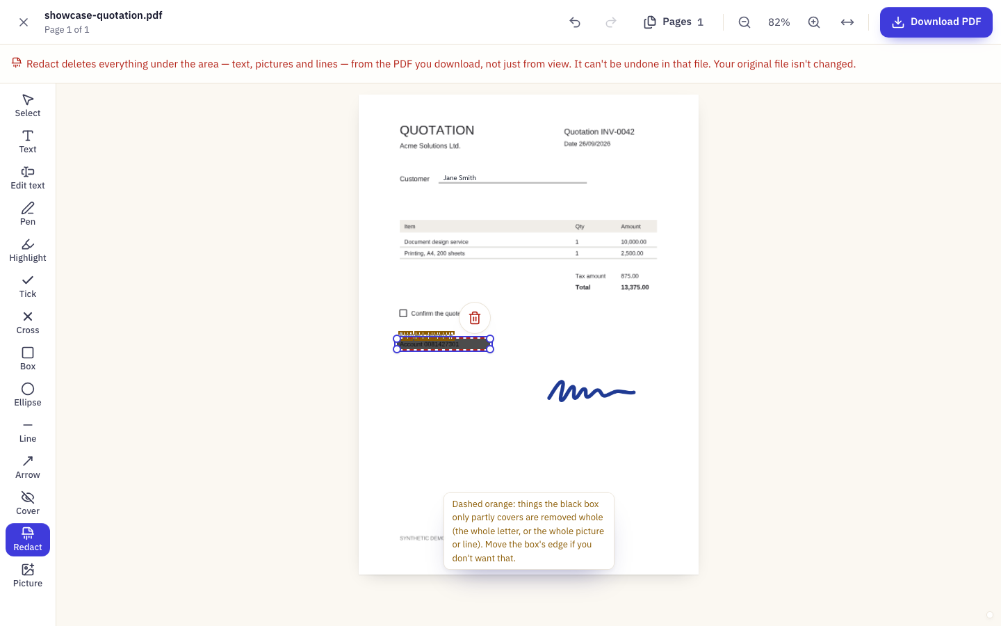 Secure Redaction on a synthetic English account reference